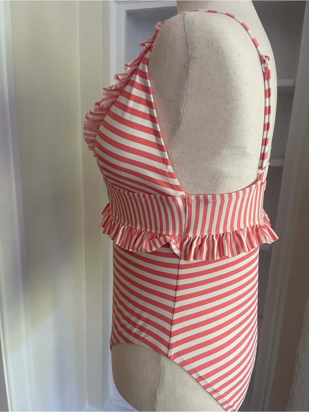 J. Crew, Size 14, Pink and White Striped Ruffle One-Piece Swimsuit - Picture 4 of 8